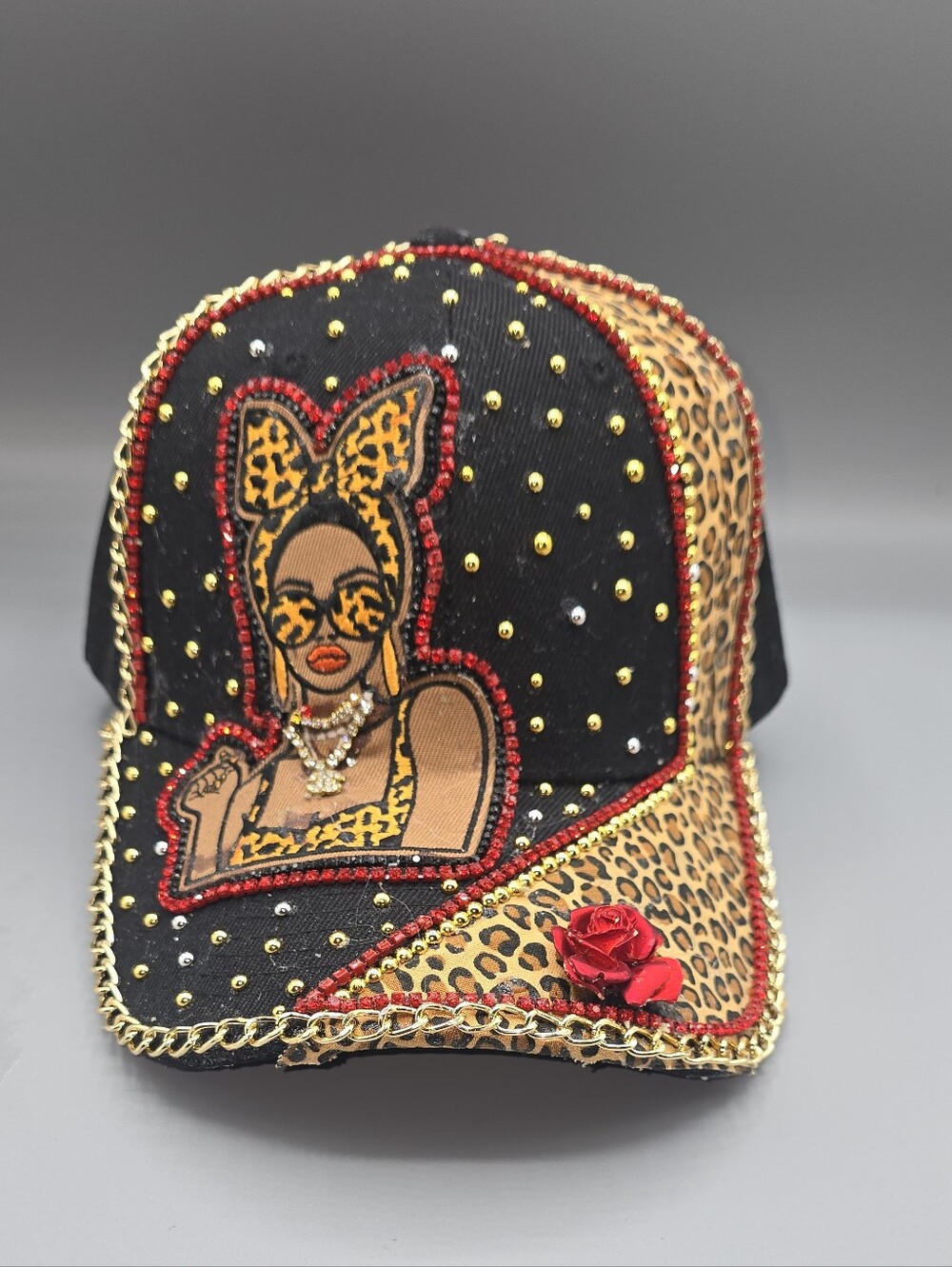 Leopard Motif Embellished Womens Baseball Cap with Red Rose